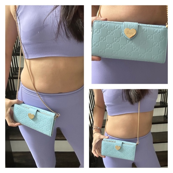 💯 GUCCI Heart Baby Blue Monogram Leather Wallet on Gold Chain w/ auth cert - Picture 12 of 13